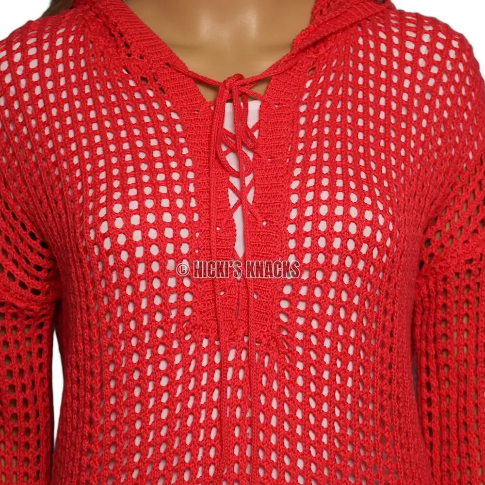 Mododoc Pointelle Open Stitch Hooded Lace-Up Sweater Neon Coral Size M
